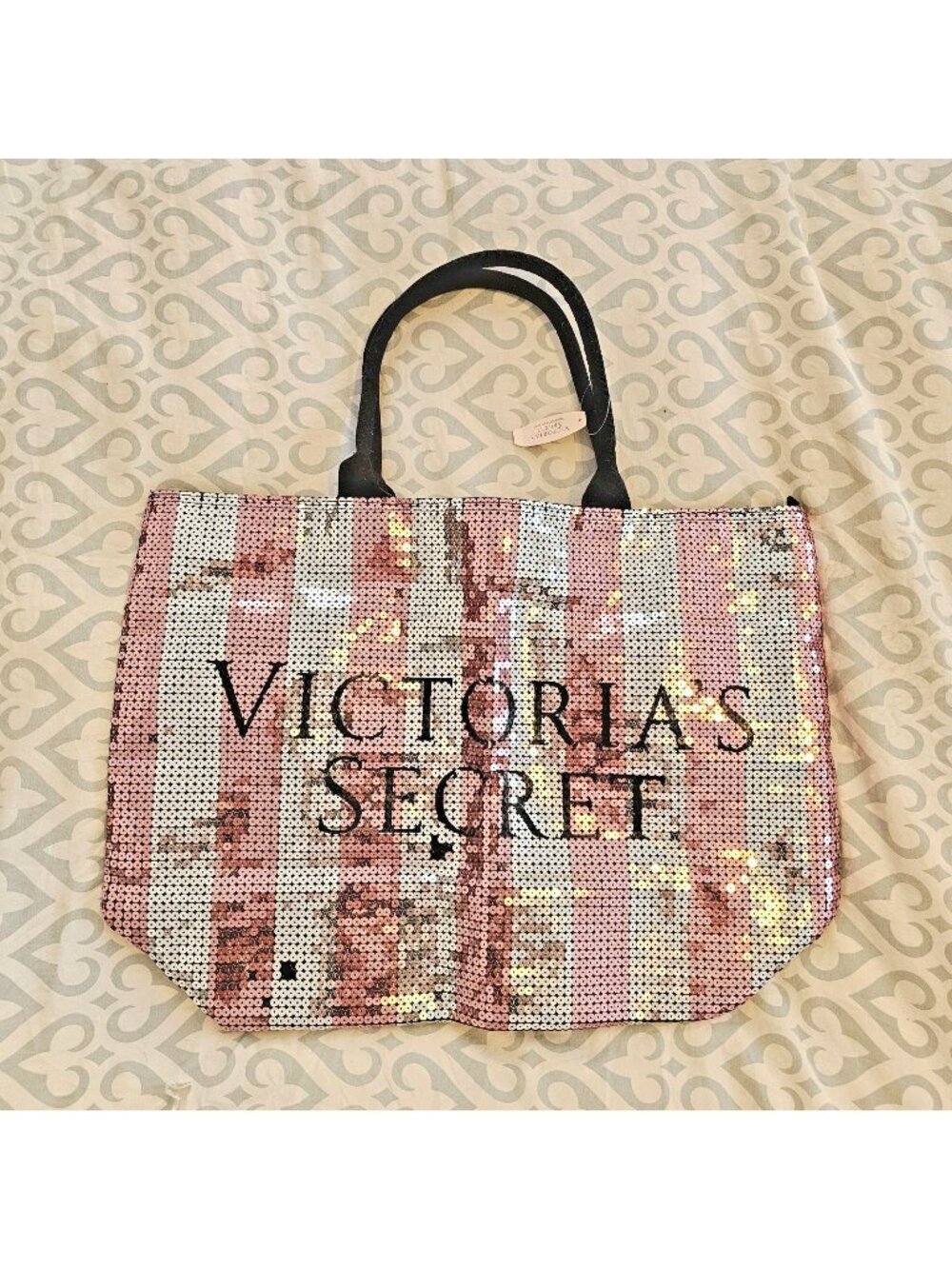 VICTORIA'S SECRET Silver & Pink Sequin Tote Black Canvas Bag Shopper NEW READ